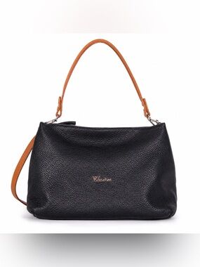 Valentina Black Leather Shoulder Bag with Brown Strap
